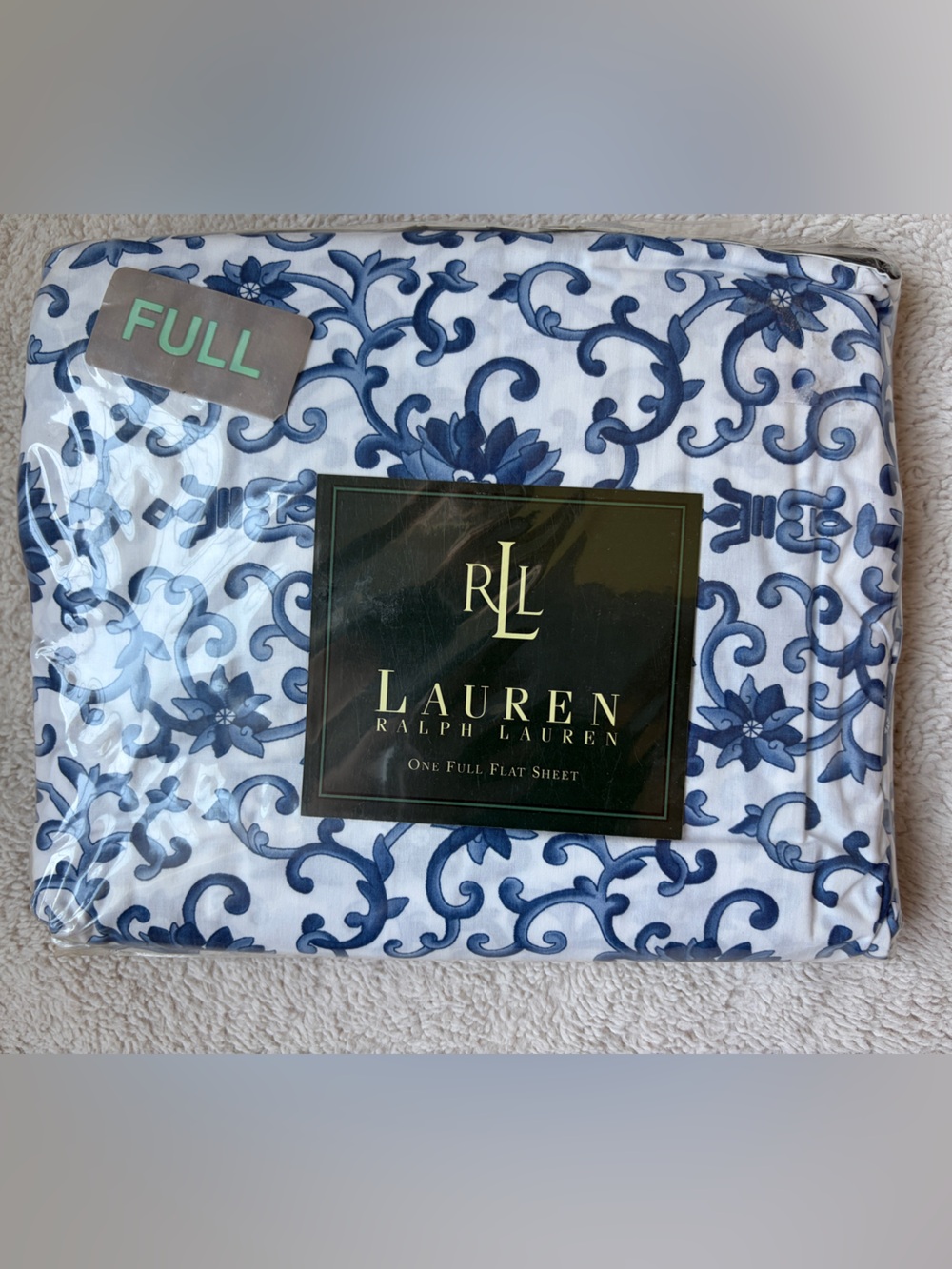 New Vintage Lauren Ralph Lauren Porcelain Rosette Full Flat Sheet Blue Country